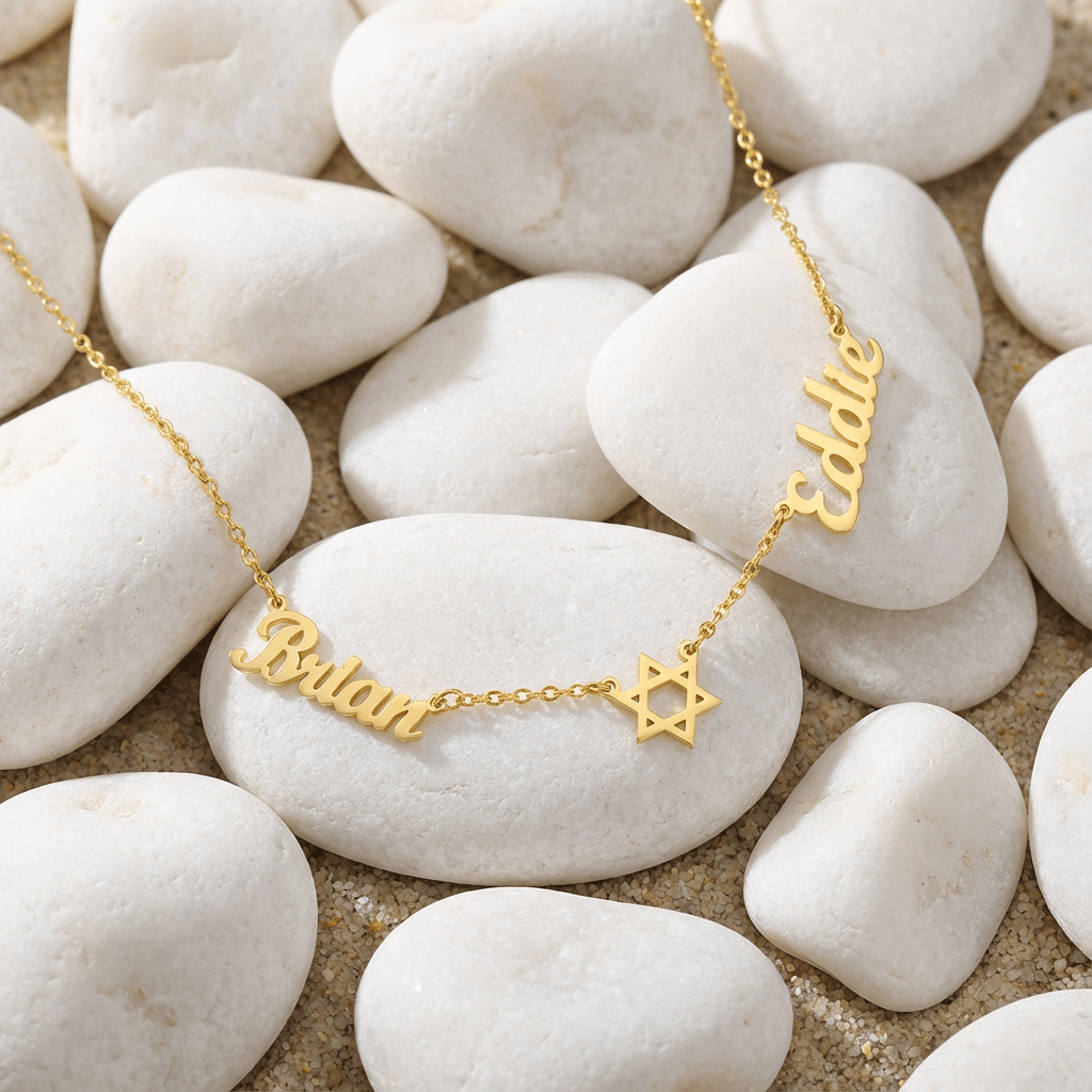 Two named necklace, with a 6 pointed star in the center 925 sterling silver necklace - Etna Gift
