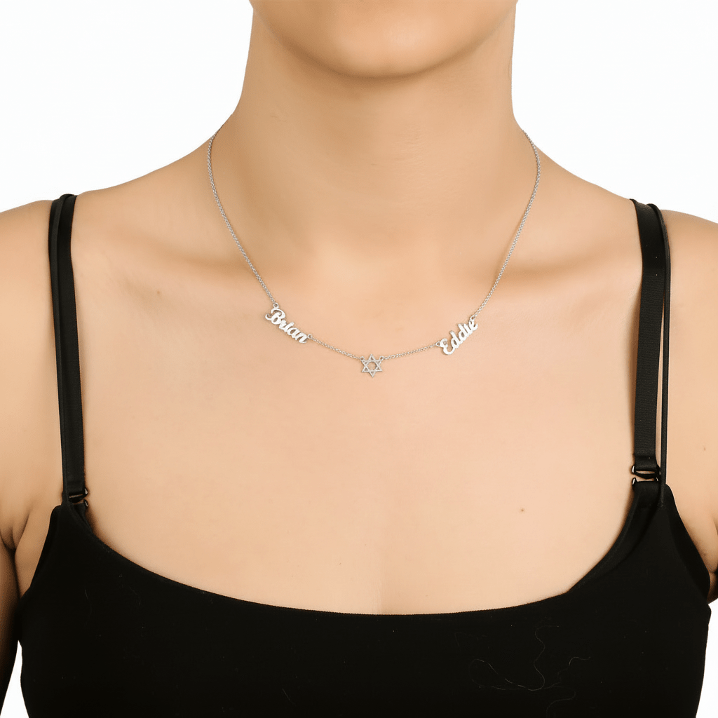Two named necklace, with a 6 pointed star in the center 925 sterling silver necklace - Etna Gift