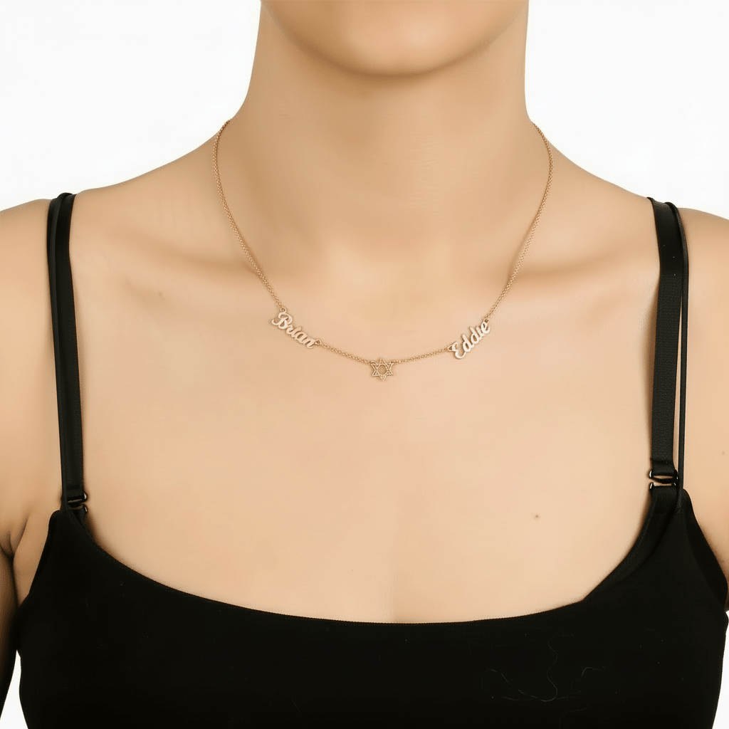 Two named necklace, with a 6 pointed star in the center 925 sterling silver necklace - Etna Gift