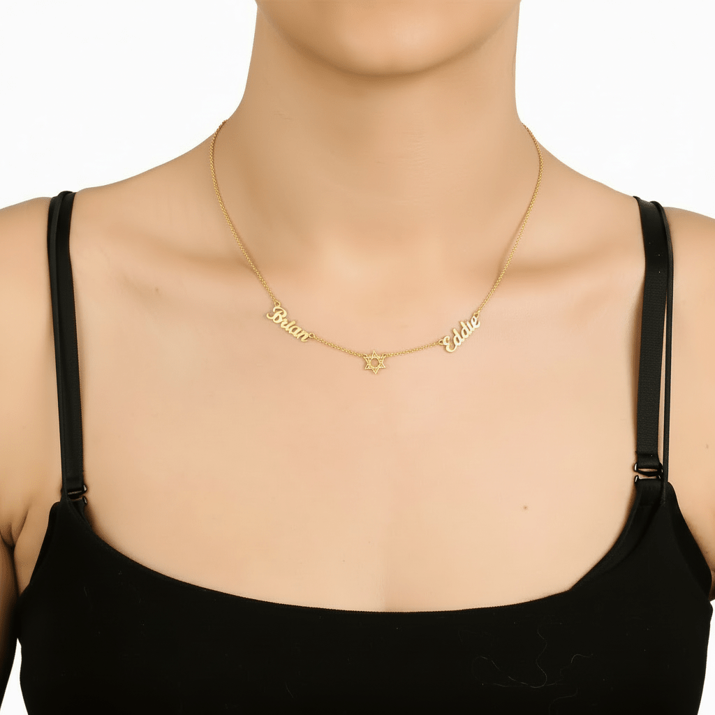 Two named necklace, with a 6 pointed star in the center 925 sterling silver necklace - Etna Gift