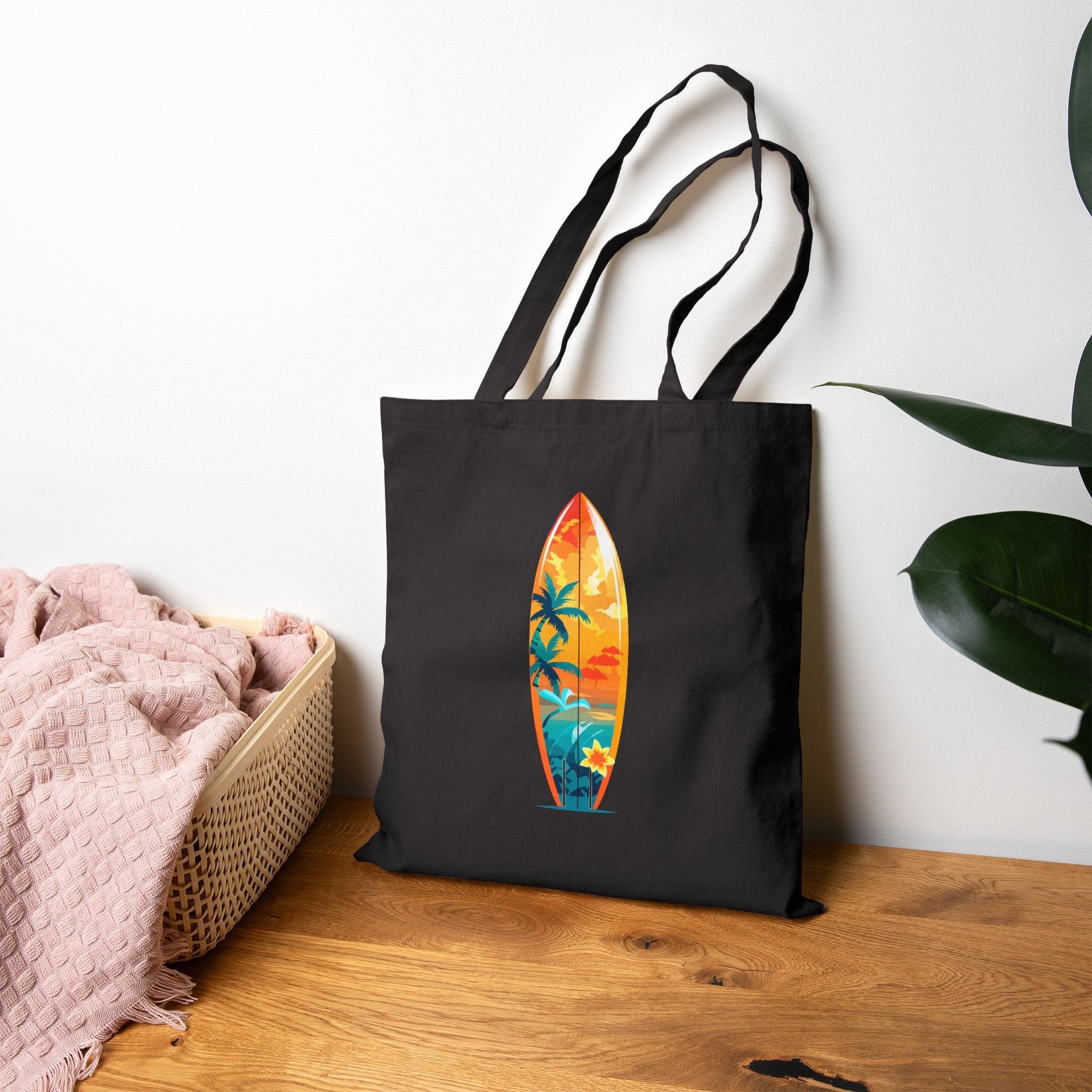 Venice Beach Surf Tote Canvas Beach Bag with Sunset Palm & Surfboard Design - Etna Gift