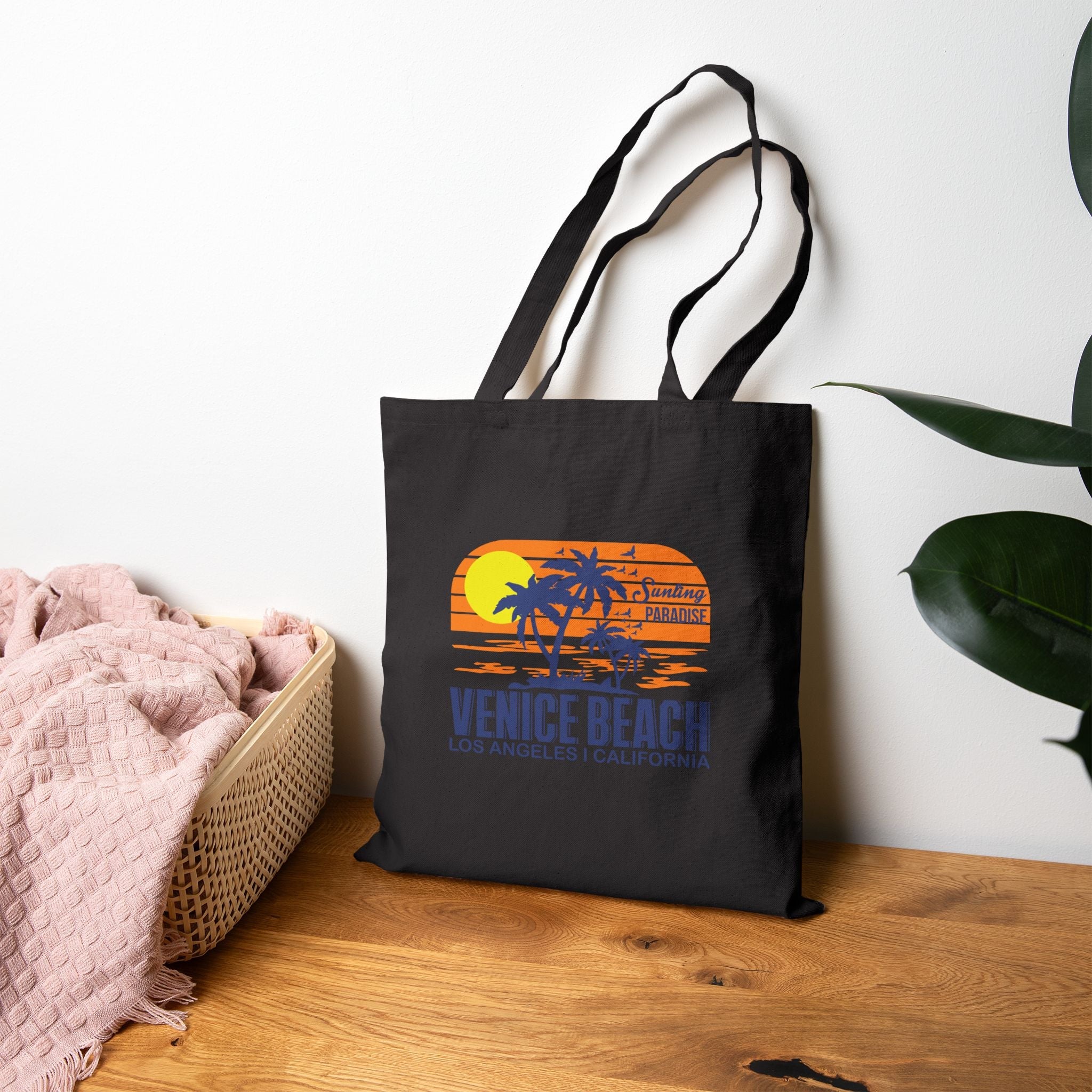 Venice Beach Surf Tote Canvas Beach Bag with Sunset Palm & Surfboard Design - Etna Gift