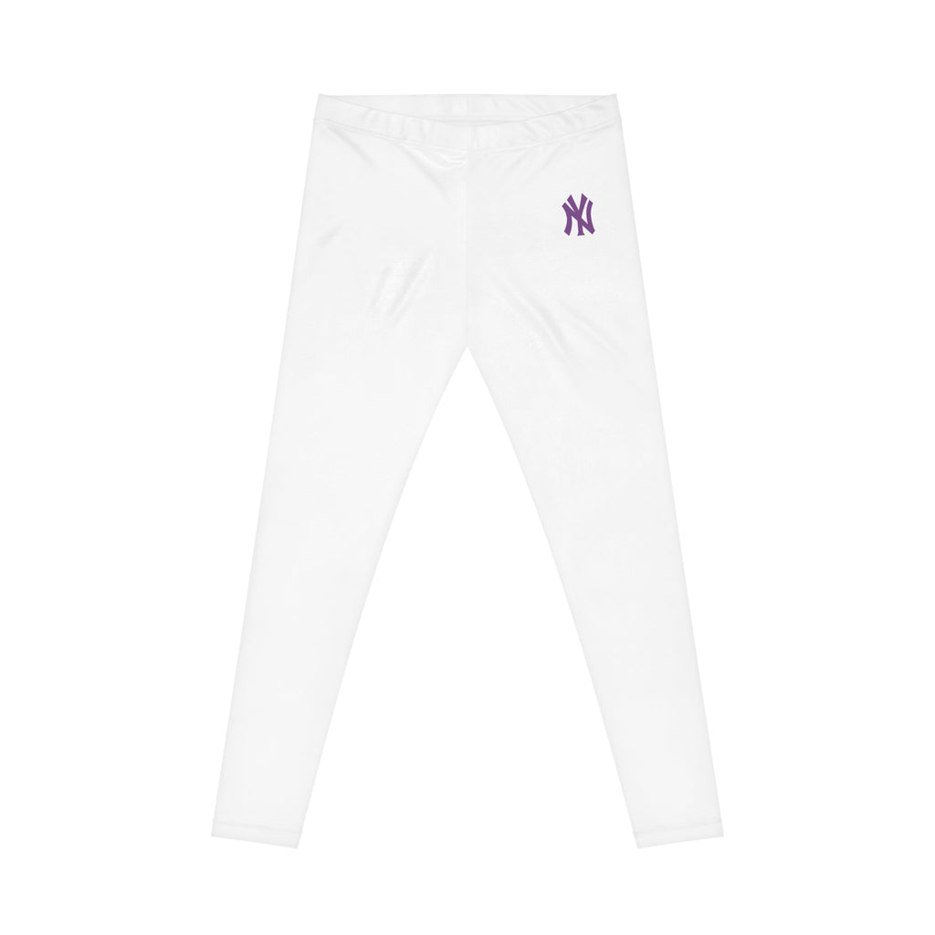 White Women's Leggings with Small Purple NY Logo Casual Everyday Activewear - Etna Gift
