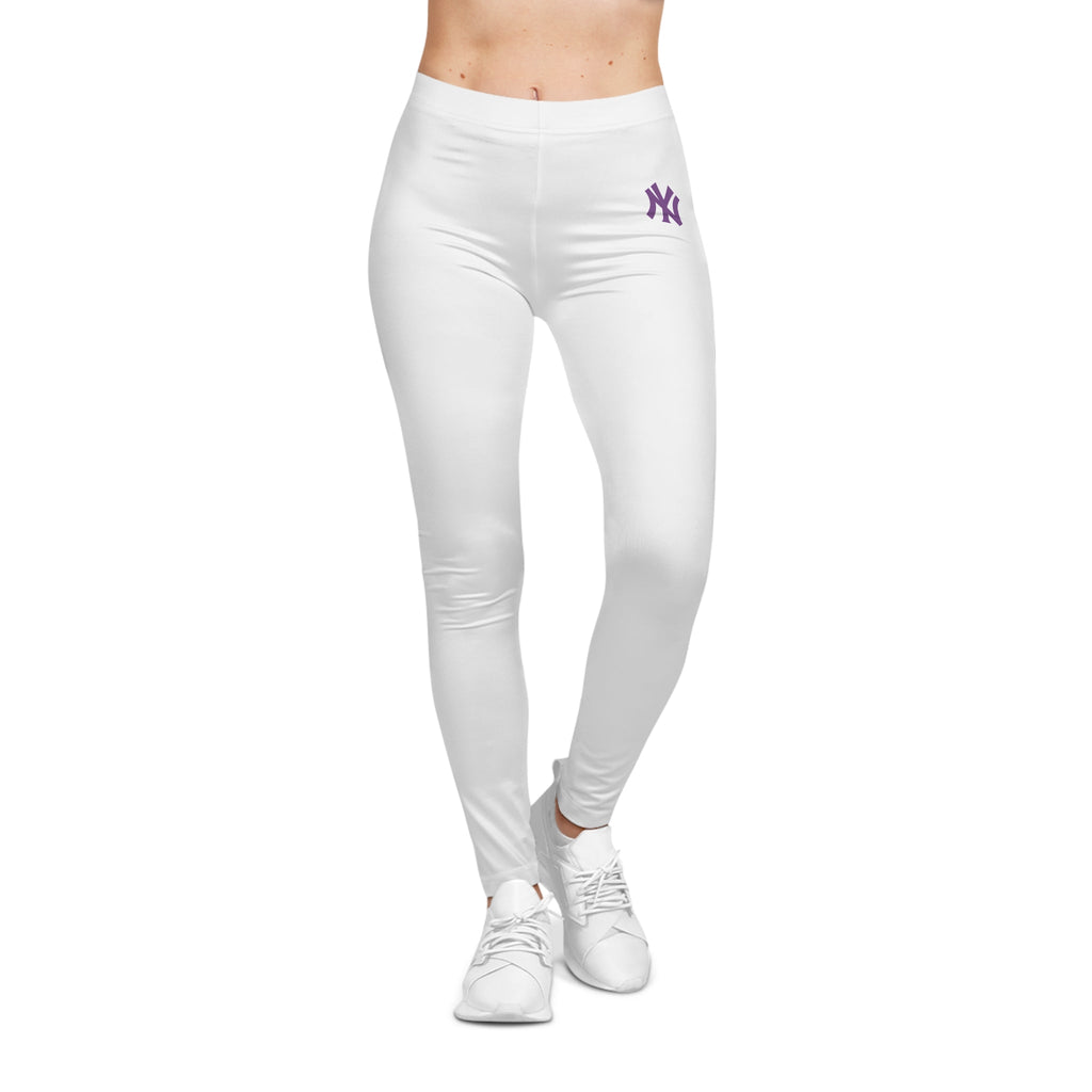 White Women's Leggings with Small Purple NY Logo Casual Everyday Activewear - Etna Gift