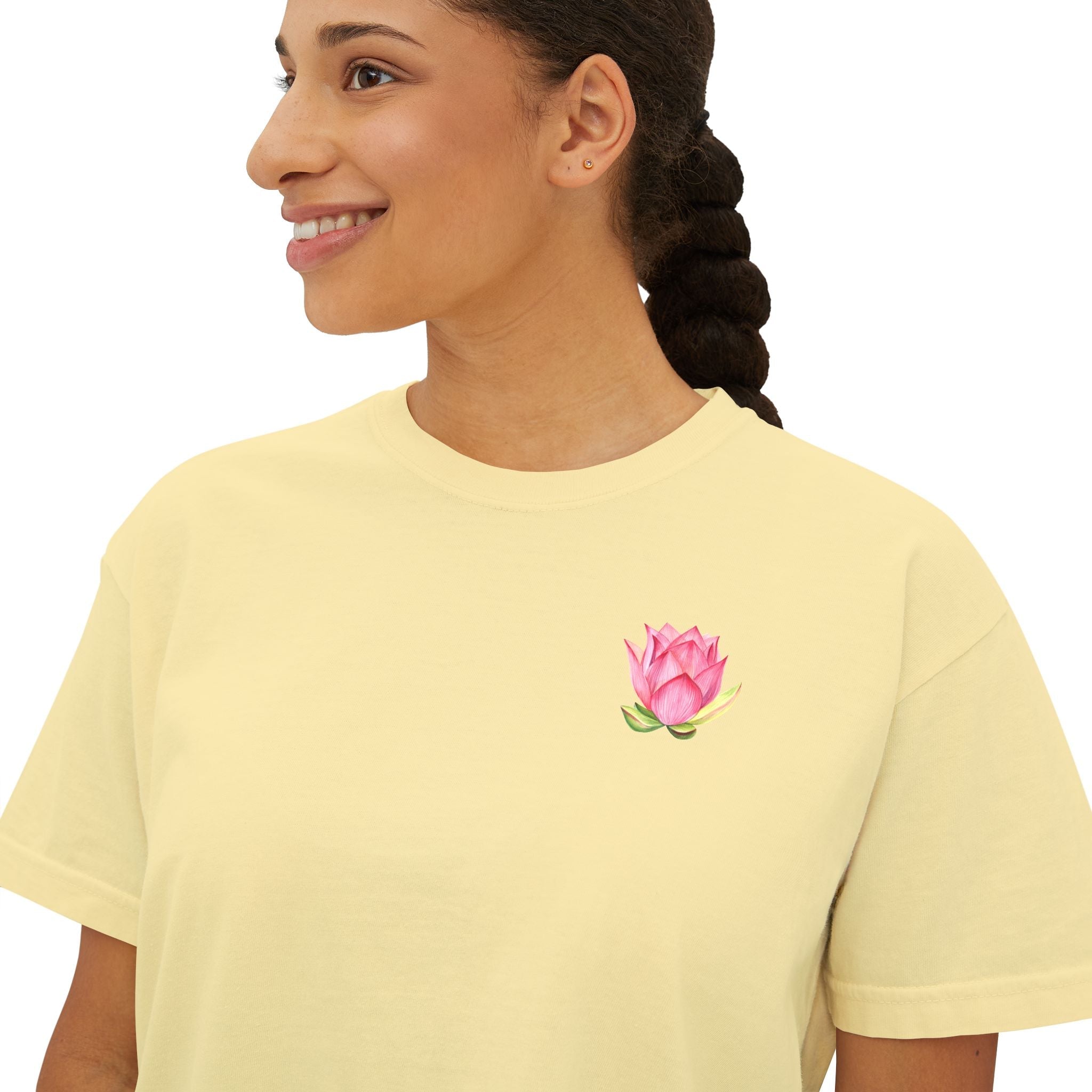 Yoga Time Boxy Tee — Women’s Cropped Yoga T‑Shirt with Lotus Graphic - Etna Gift